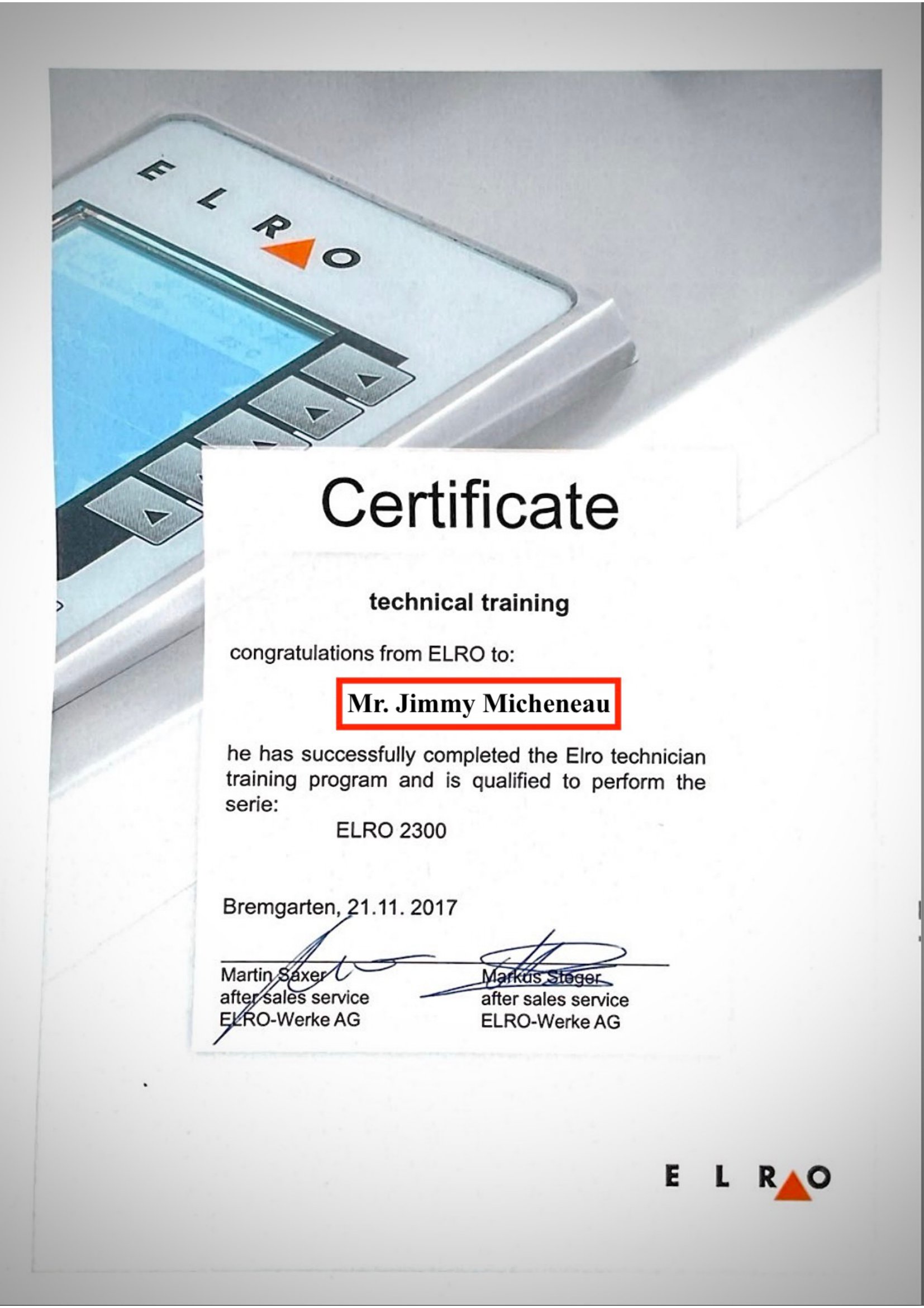 ELRO certficate Jimmy