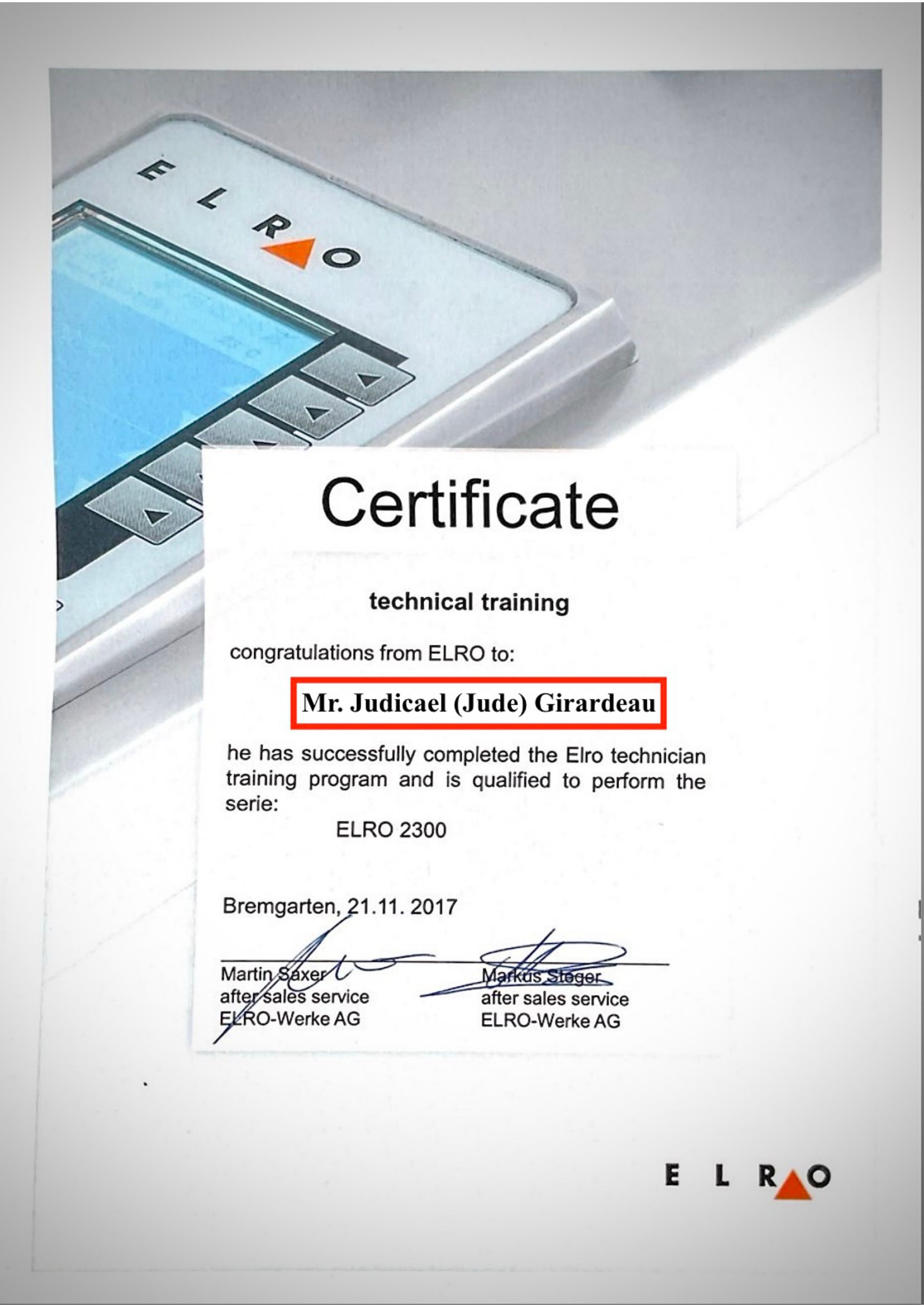 ELRO certifcate Jude
